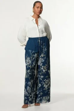 Plus Size Border Print Viscose Piped Woven Wide Leg Pants