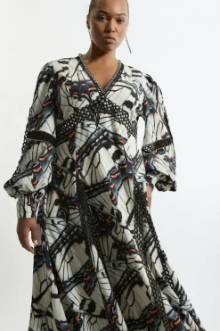 Plus Size Butterfly Print Lace Insert Trim Woven Midaxi Dress