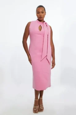 Plus Size Compact Stretch Neck Tie Panelled Midi Dress