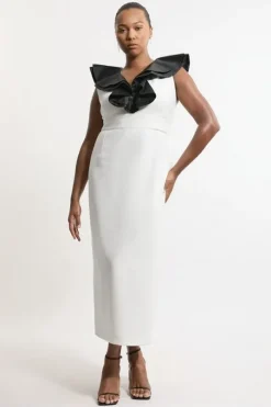 Plus Size Compact Stretch Taffeta Ruffle Tailored Midi Dress