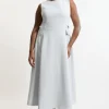 Plus Size Compact Stretch Tab Waist Detail Full Skirt Midi Dress