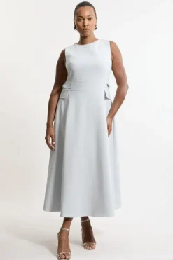 Plus Size Compact Stretch Tab Waist Detail Full Skirt Midi Dress