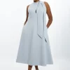 Plus Size Compact Stretch Tie Neck Full Skirted Midi Dress