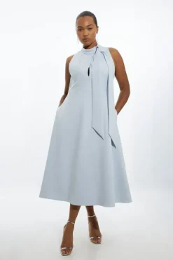 Plus Size Compact Stretch Tie Neck Full Skirted Midi Dress