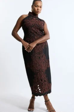 Plus Size Cotton Cutwork Woven Halter Midi