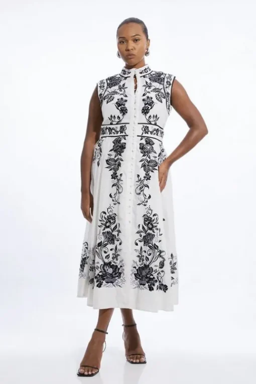 Plus Size Cotton Embroidery Woven Button Up Midi Dress