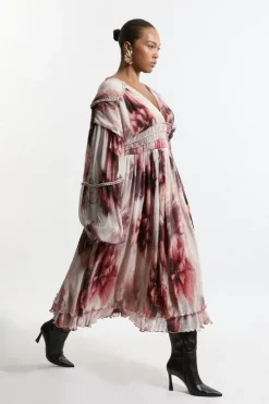 Plus Size Crinkle Floral Woven Midi Dress With Balloon Sleeve And Embellishment