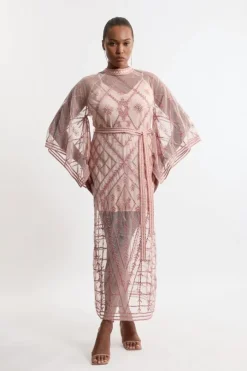 Plus Size Crystal Embellished Kimono Sleeve Woven Maxi Dress