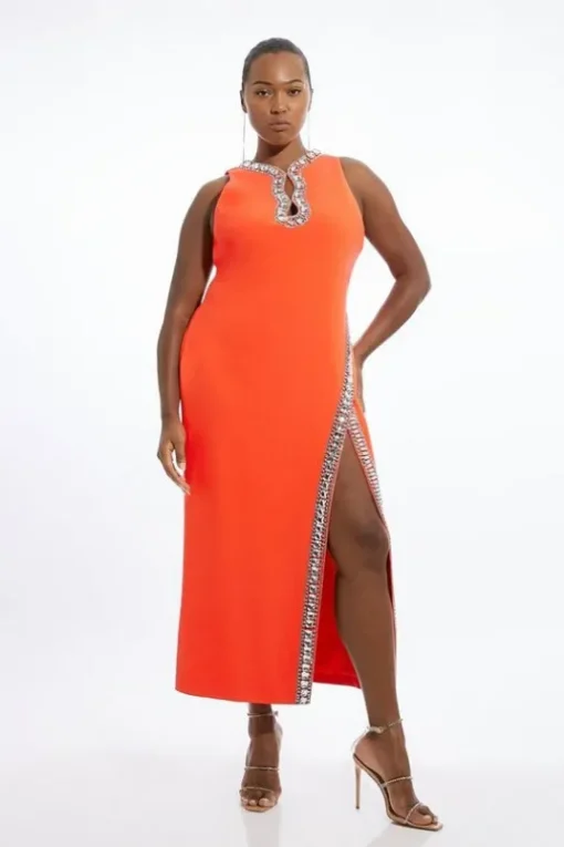 Plus Size Crystal Embellished Keyhole Woven Midi Dress