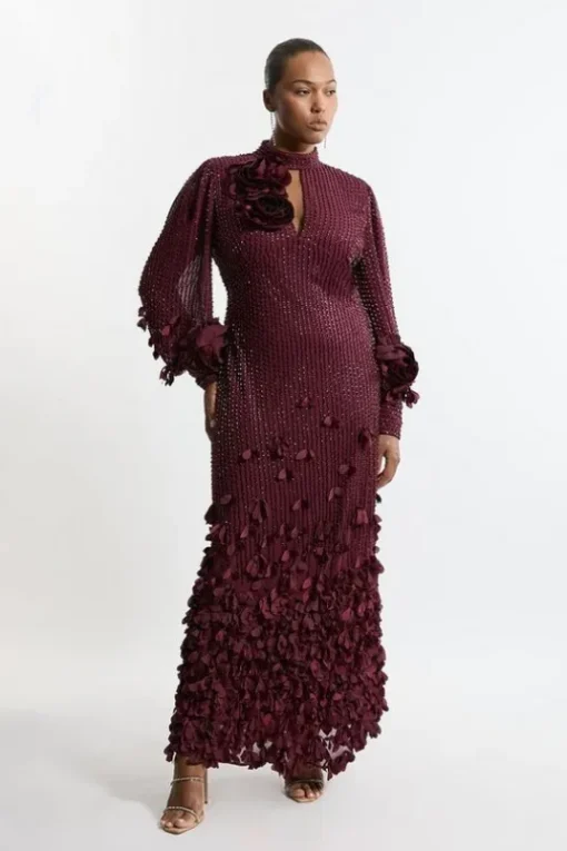 Plus Size Crystal Embellished Applique Woven Maxi Dress