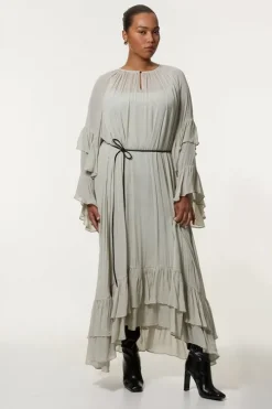 Plus Size Drama Kimono Viscose Georgette Woven Maxi Dress With PU Belt