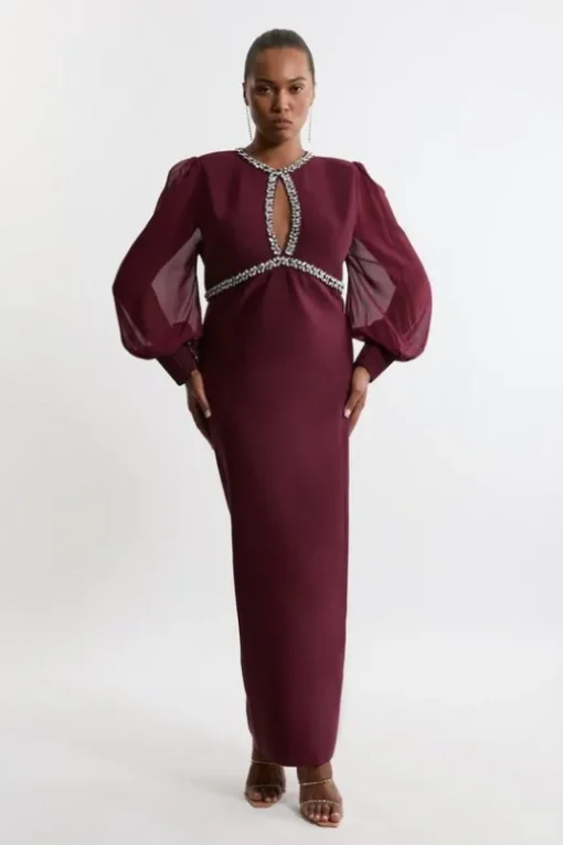 Plus Size Embellished And Chiffon Sleeve Figure Form Knit Midaxi Dress