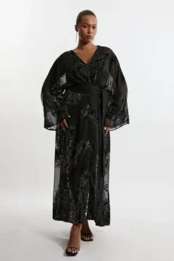 Plus Size Feather Devore Woven Kimono Maxi Dress