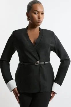 Plus Size Figure Form Bandage Knit Woven Cuff And Belted Jacket