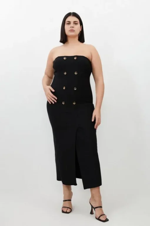 Plus Size Figure Form Bandage Button Bandeau Midi Dress