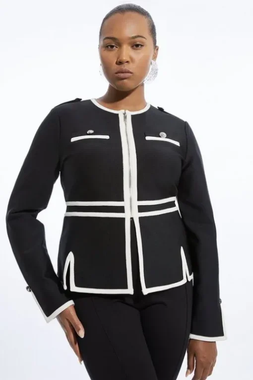 Plus Size Figure Form Bandage Military Contrast Piping Knit Split Hem Jacket
