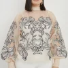 Plus Size Floral Embroidery Organdie Woven Blouse