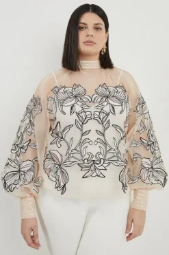 Plus Size Floral Embroidery Organdie Woven Blouse