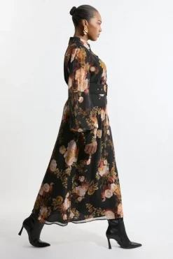 Plus Size Floral Georgette Maxi Shirt Dress
