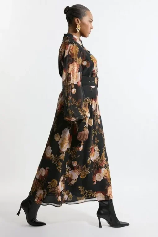Plus Size Floral Georgette Maxi Shirt Dress