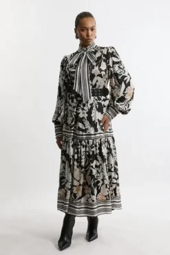 Plus Size Floral Pleated Tie Neck Woven Midaxi Dress