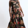 Plus Size Floral Printed Viscose Metallic Thread Beaded Woven Maxi Dress