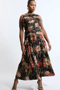Plus Size Floral Printed Viscose Metallic Thread Beaded Woven Maxi Dress