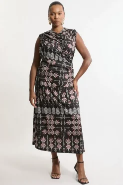 Plus Size Geo Printed Jersey Crepe Cross Front Maxi Dress