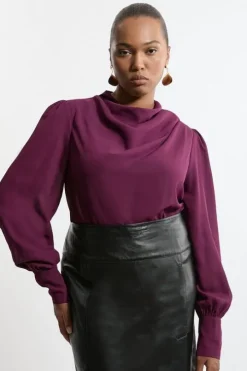 Plus Size Georgette Woven Ruched Shoulder Long Sleeved Blouse