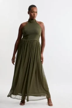 Plus Size Jersey Mesh Halterneck Maxi Dress