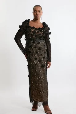 Plus Size Lace Petal Applique Woven Midi Dress