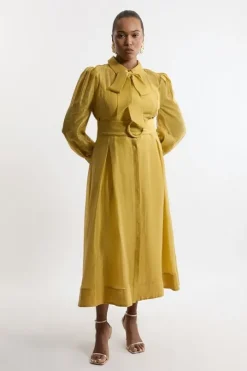 Plus Size Linen Blend Organdie Woven Pussybow Midaxi Dress