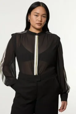 Plus Size Military Mono Striped Balloon Sleeve Shirt