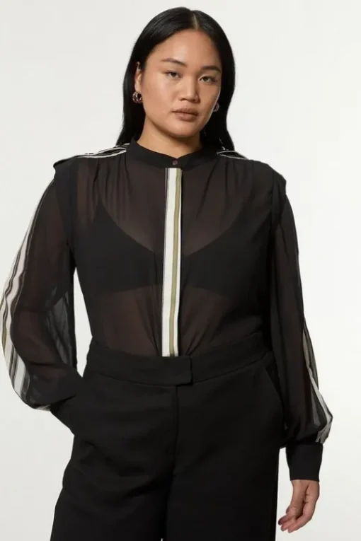 Plus Size Military Mono Striped Balloon Sleeve Shirt