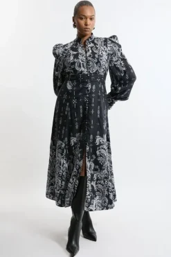 Plus Size Mono Floral Woven Button Up Maxi Dress