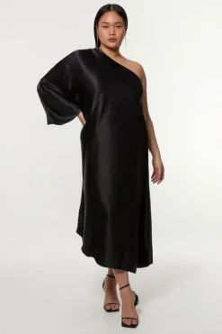Plus Size One Shoulder Draped Satin Woven Midaxi Dress