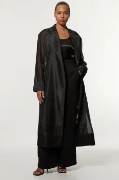Plus Size Organza And Satin Mix Tailored Sheer Trench Coat