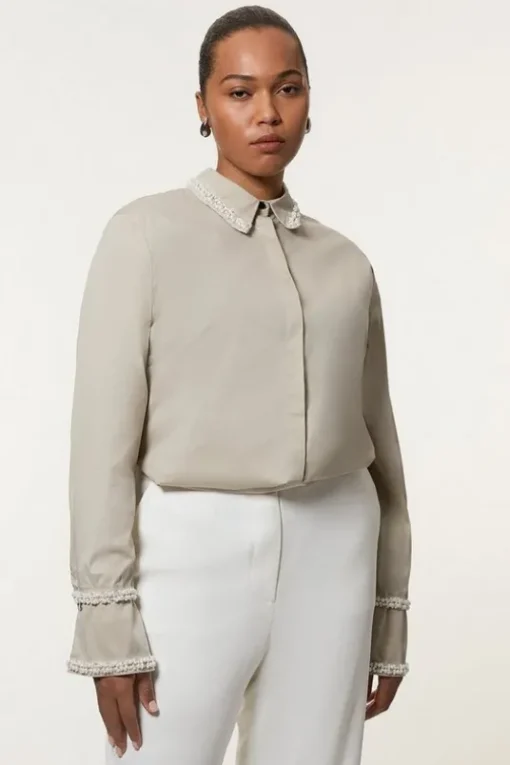 Plus Size Pearl Trim Cotton Woven Shirt