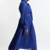 Plus Size Pleated Woven Belted Tie Neck Maxi Shirt Dress