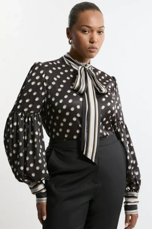 Plus Size Polka Dot Woven Balloon Sleeve Blouse