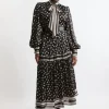 Plus Size Polka Dot Woven Balloon Sleeve Belted Maxi Dress