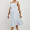Plus Size Premium Tailored Linen Belted Full Skirt Midi Dress