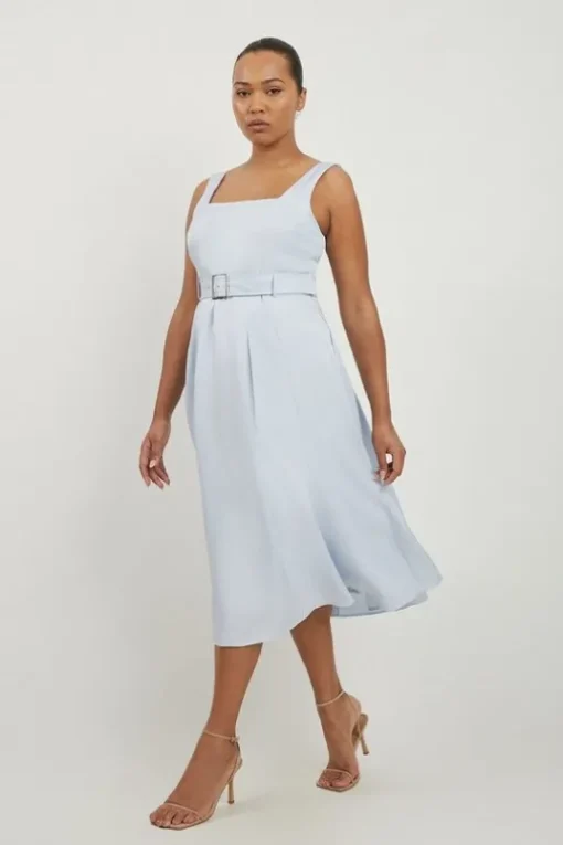 Plus Size Premium Tailored Linen Belted Full Skirt Midi Dress