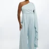 Plus Size Satin Back Crepe Drape One Shoulder Wide Leg Jumpsuit