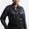 Plus Size Satin Woven Collared Shirt