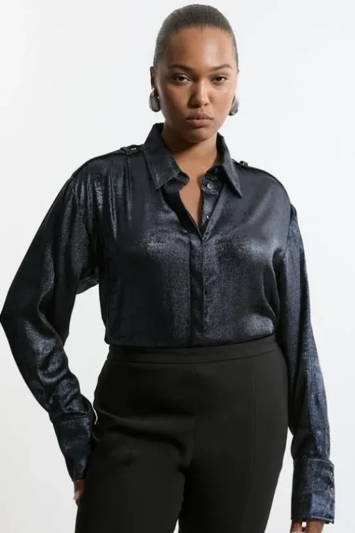 Plus Size Satin Woven Collared Shirt
