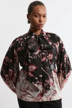 Plus Size Silk Cotton Border Print Floral Woven Blouse