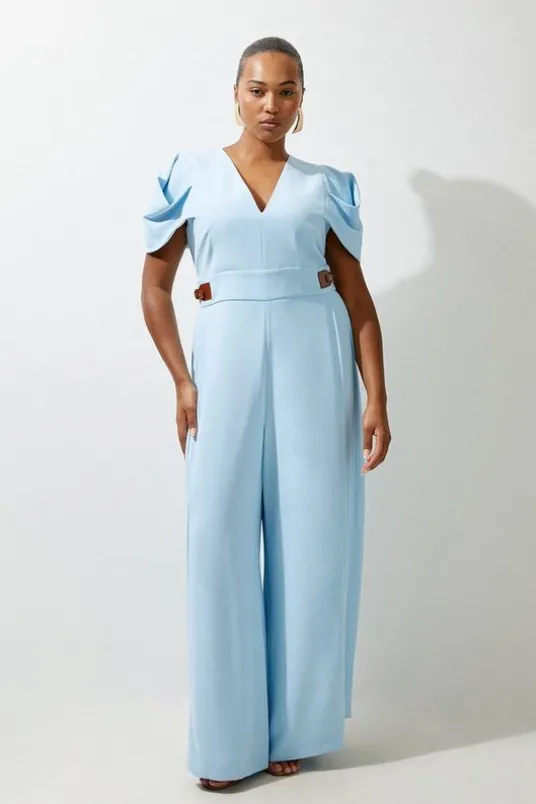 Plus Size Soft Tailored Crepe Tab Detail Pleated Jumpsuit