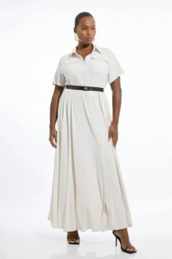 Plus Size Soft Tailored Pleat Panel Midi Shirt Dress