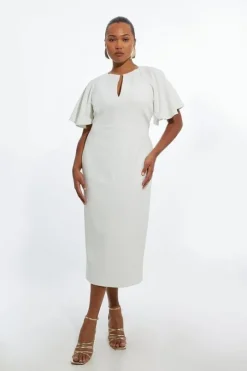 Plus Size Structured Crepe Ruffle Sleeve Tailored Midi Pencil Dress